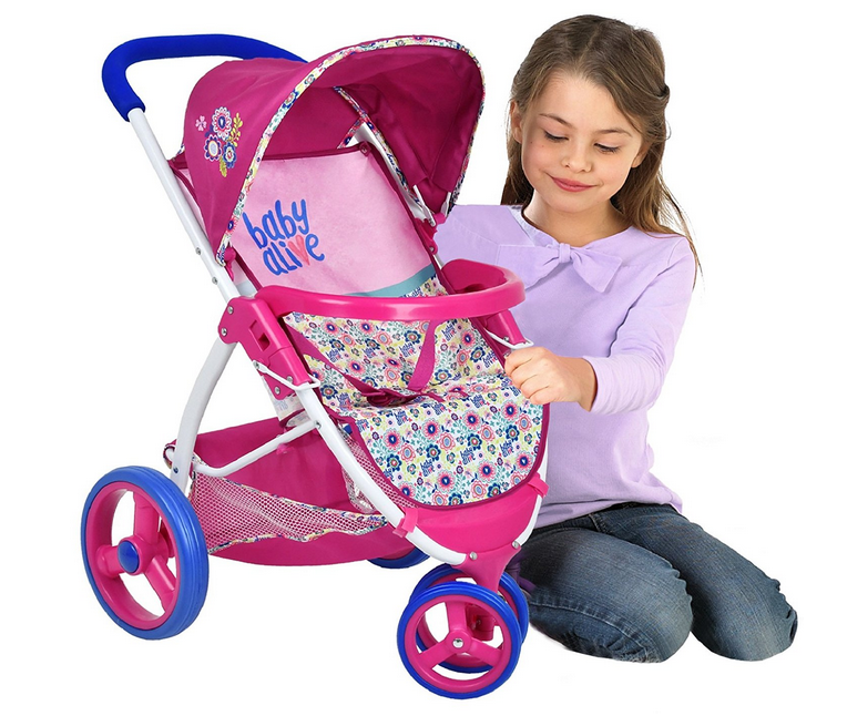 Baby Alive Lifestyle Stroller & Doll Play Yard. Take a jog with your baby alive in the baby alive lifestyle stroller. The jogger style doll stroller is a stylish yet functional. This stroller folds easy for storage, includes shopping basket, retractable canopy and front swivel wheel. Over 25" tall and can hold any of your baby dolls. {Emily Reviews}