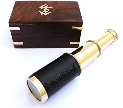 6" Nautical Handheld Pirate Brass Telescope with Anchor on Wooden Box.