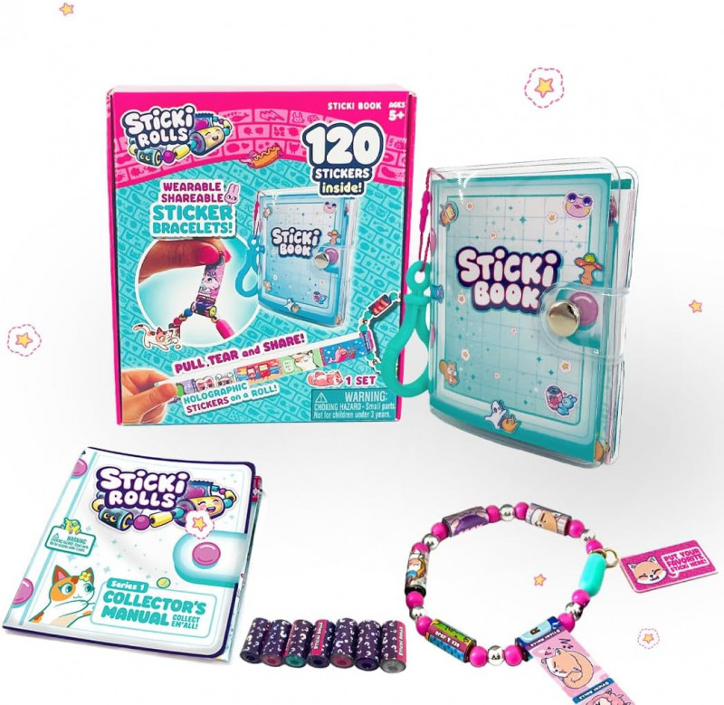 STICKI Rolls Sticki Book - Wearable & Shareable Sticker Toy Bracelet + Collection Sticki Book.