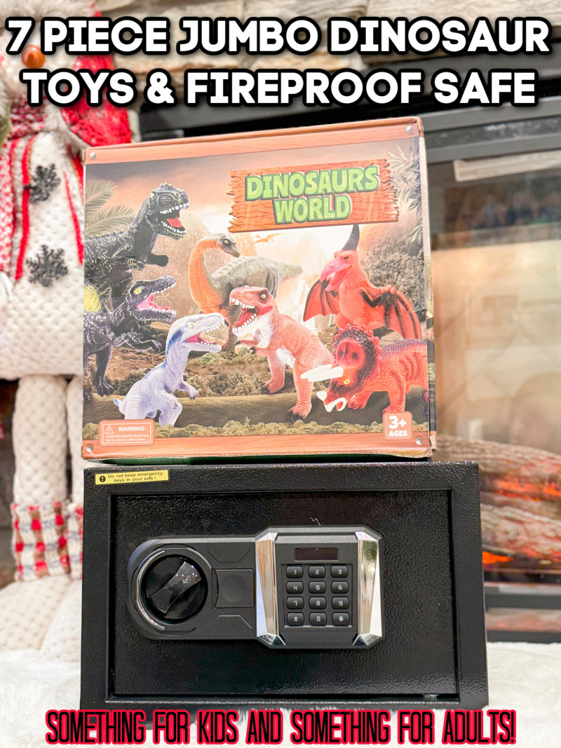 7 Piece Jumbo Dinosaur Toys & Fireproof Safe - Something For Kids And Something For Adults!