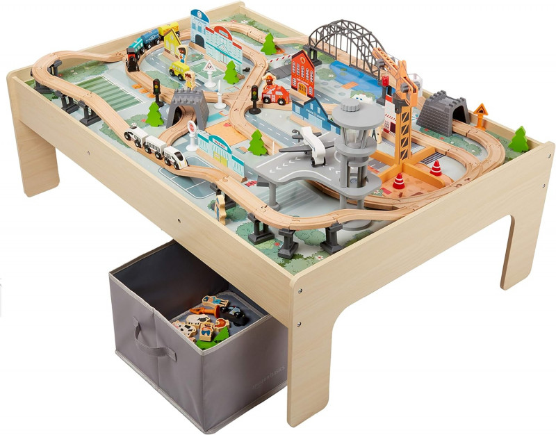 Amazon Basics 120 Piece Wooden Train Set and Table.