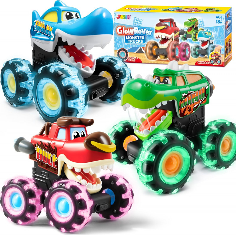 JOYIN 3 Pack Monster Truck Toy - Motion Activated Light-Up Cars for Toddlers.