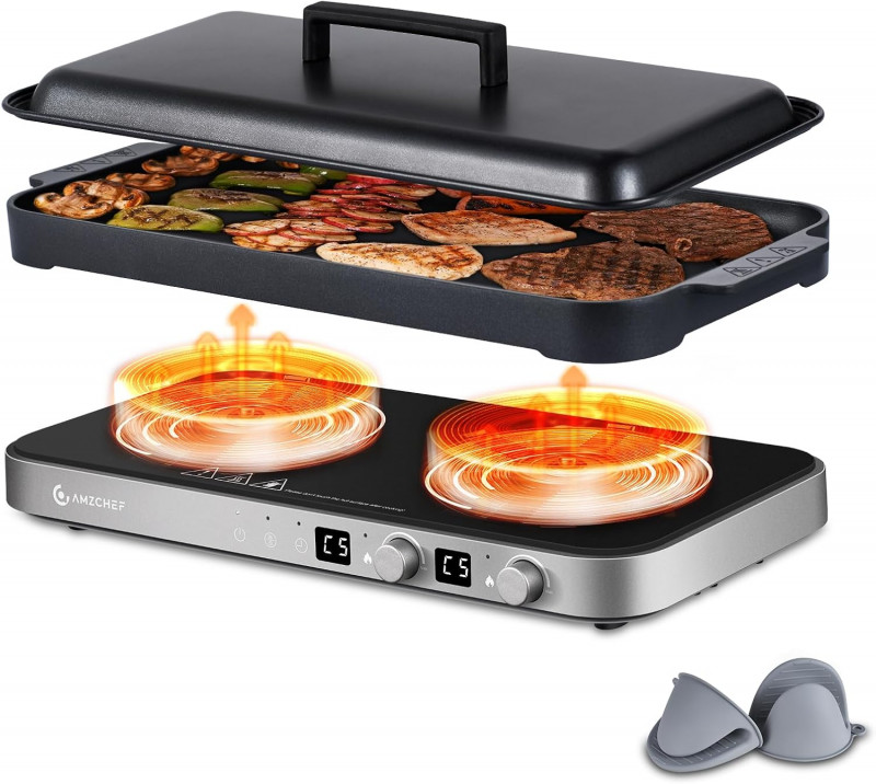 AMZCHEF Double Induction Cooktop with Removable Griddle Pan.